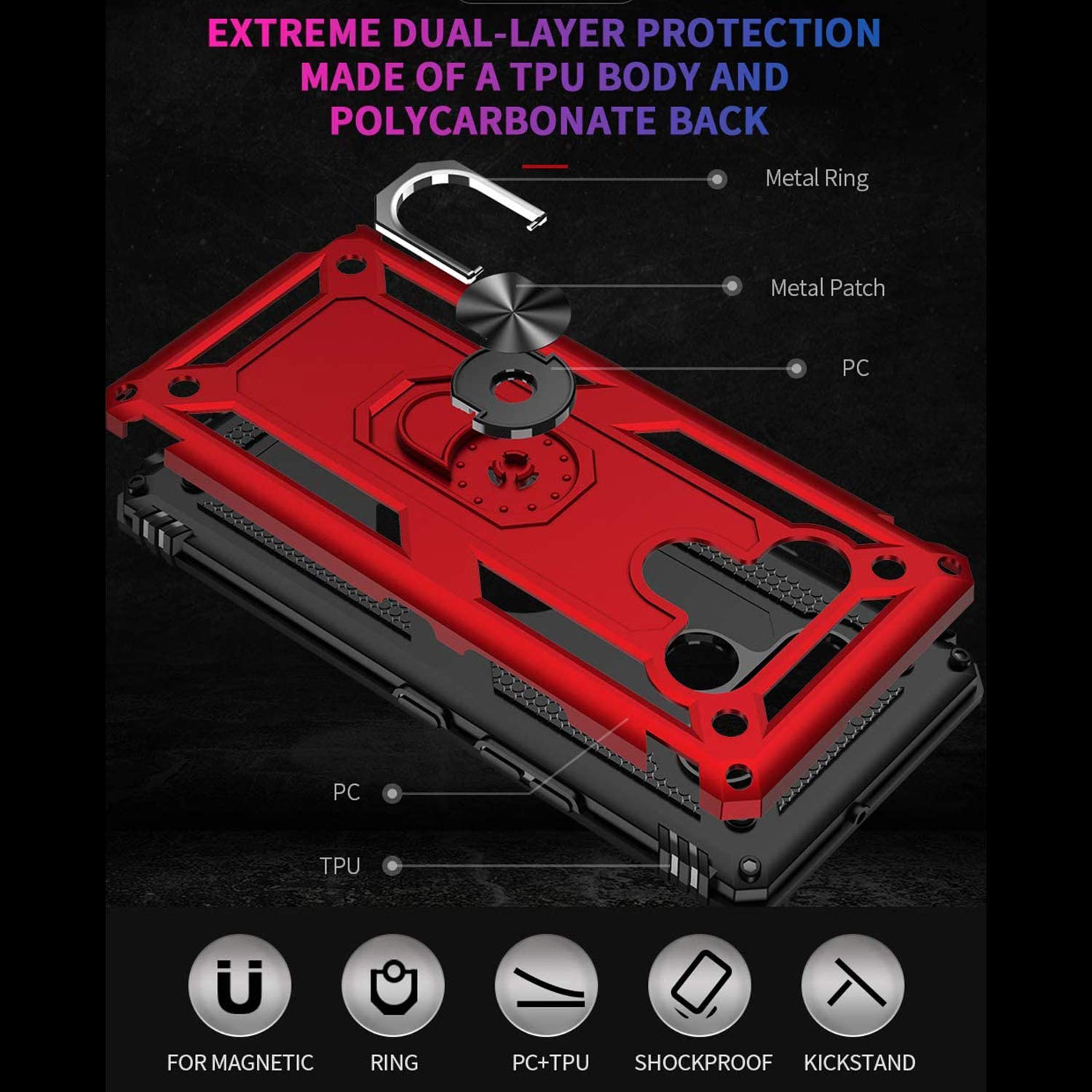 TJS - Funda para LG Stylo 6, con protector de pantalla de cristal templado de cobertura total, resistente a los impactos, anillo de metal, soporte magnético, protector de armadura