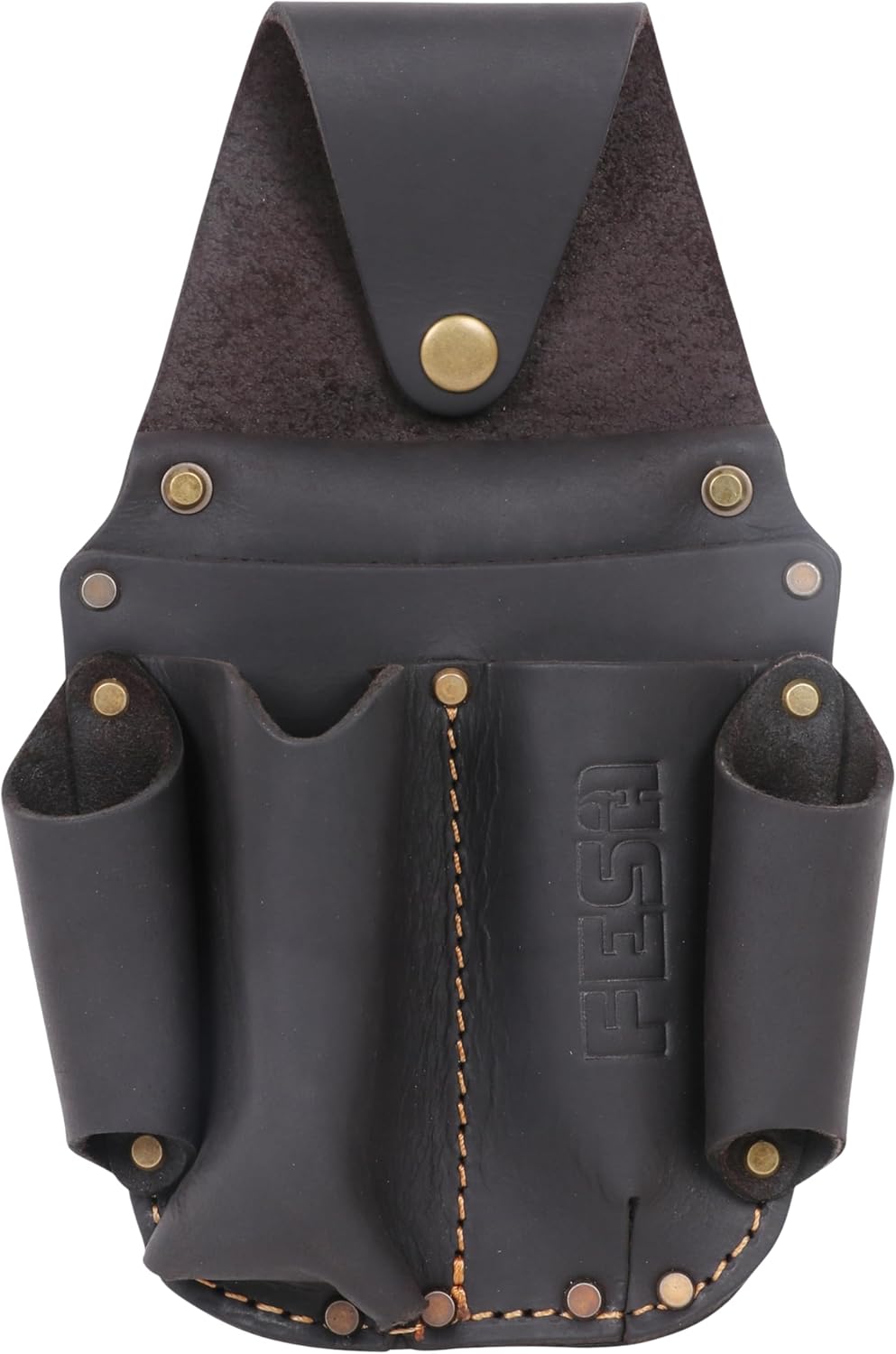 FESA Leather Electrician Tool Pouch - Pocket Caddy Clip On Tool Pouch with Voltage Test Meter Pocket & 5 Other Compartments - Easy On & Off - Fits Belts up to 3" Wide - Handcrafted