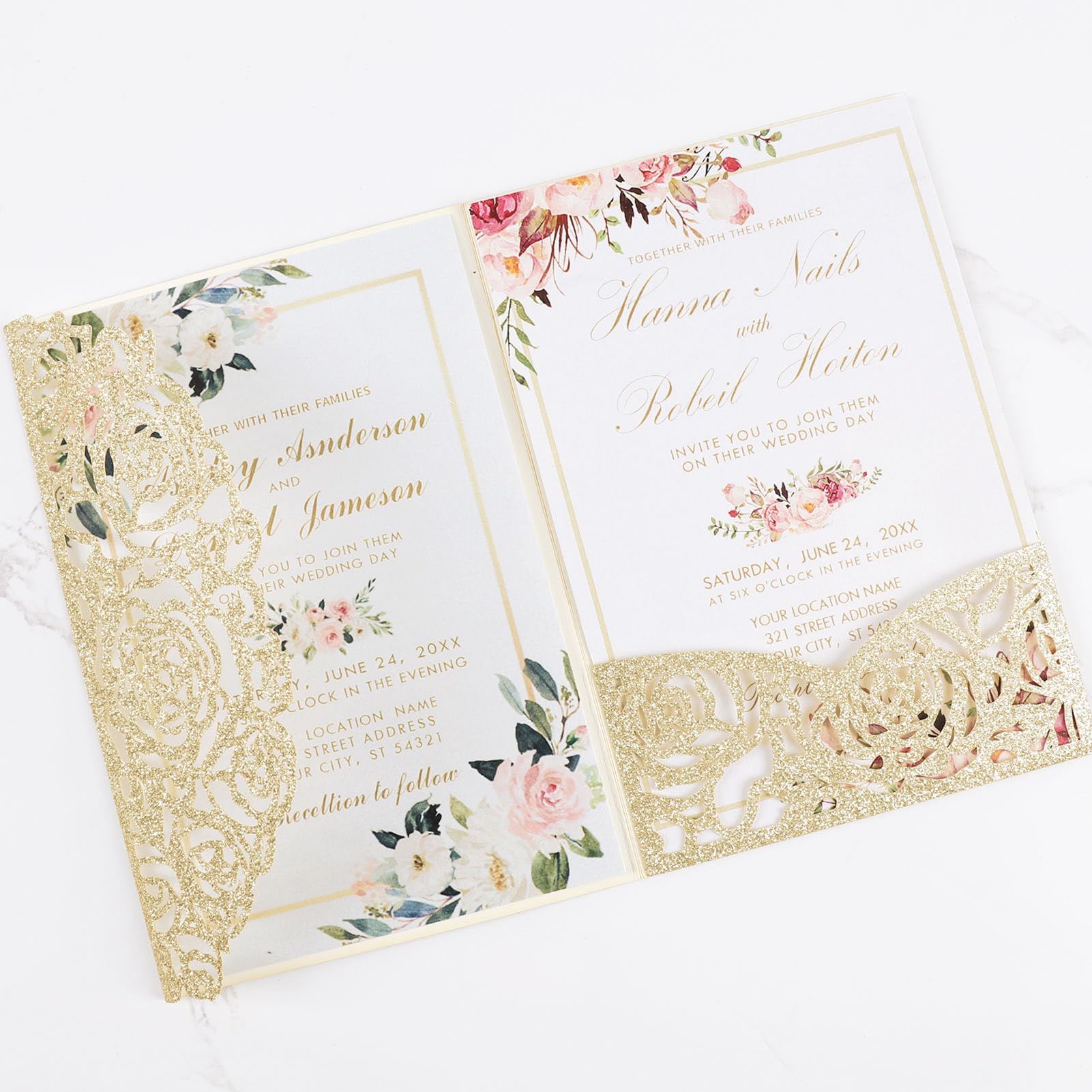 Quinceanera-Einladungs-Set für Verlobung, Geburtstag, Quinceanera, goldfarben, lasergeschnitten, mit Umschlägen und RSVP-Karten, dreifach gefaltet, goldfarben, glitzernd, 25 Stück