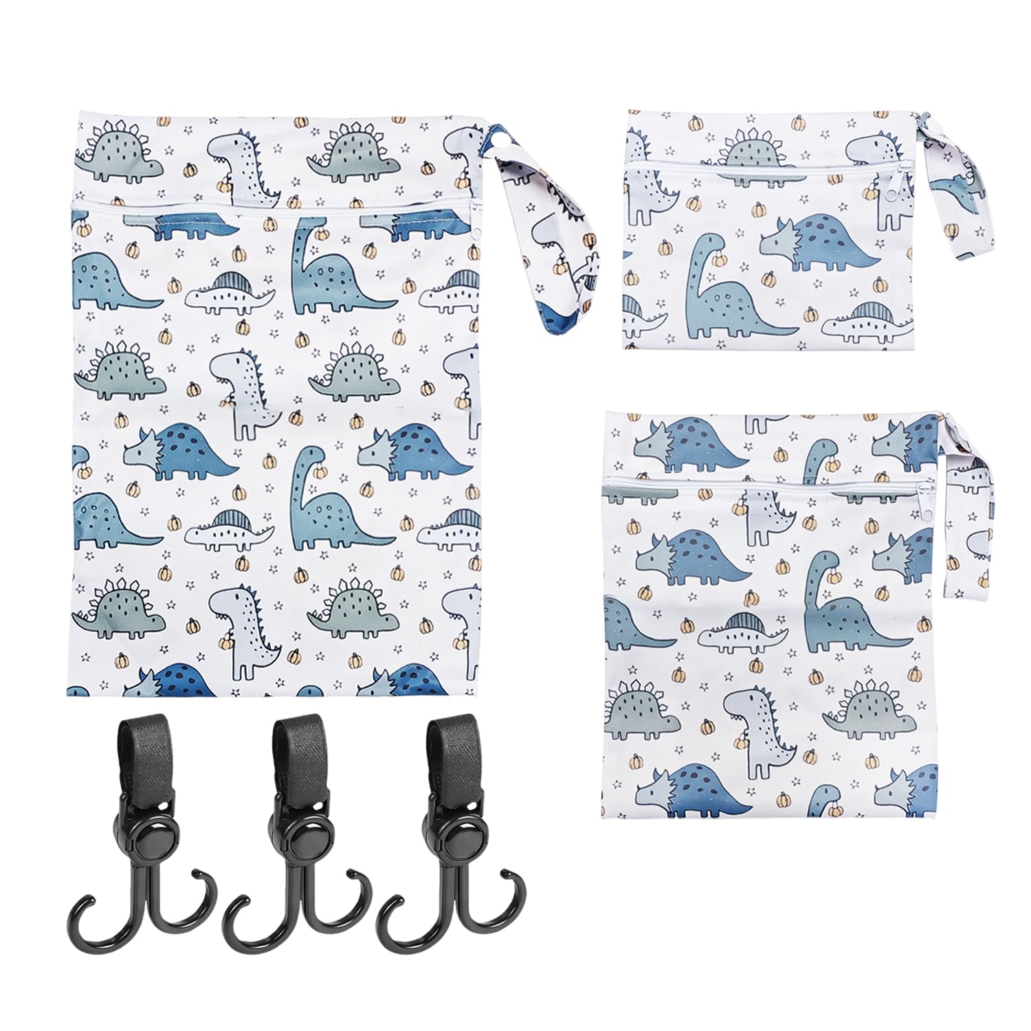 OODJVN 3 Dinosaur Waterproof Diaper Bags And 3 Hooks, Multifunctional Storage Hanging Bags, Waterproof Wet And Dry Bags