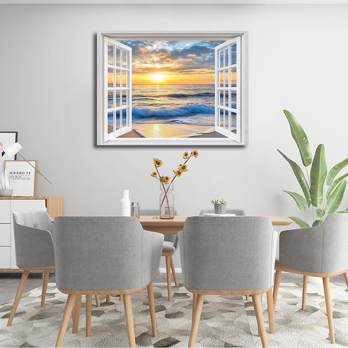Romantyczna nadmorska grafika ścienna płótno siatka okno zachód słońca rozbijające fale plakat wystrój domu jadalnia salon biuro rama wewnętrzna 45 x 58 cm
