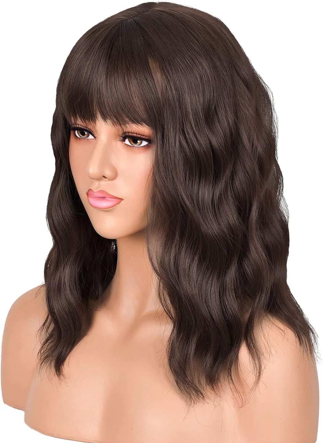Colorfulpanda Short Wavy Curly Dark Brown Bob Wigs with Fringe Synthetic Hair Wigs for Women Halloween Cosplay Party or Daily Wear - Image 3
