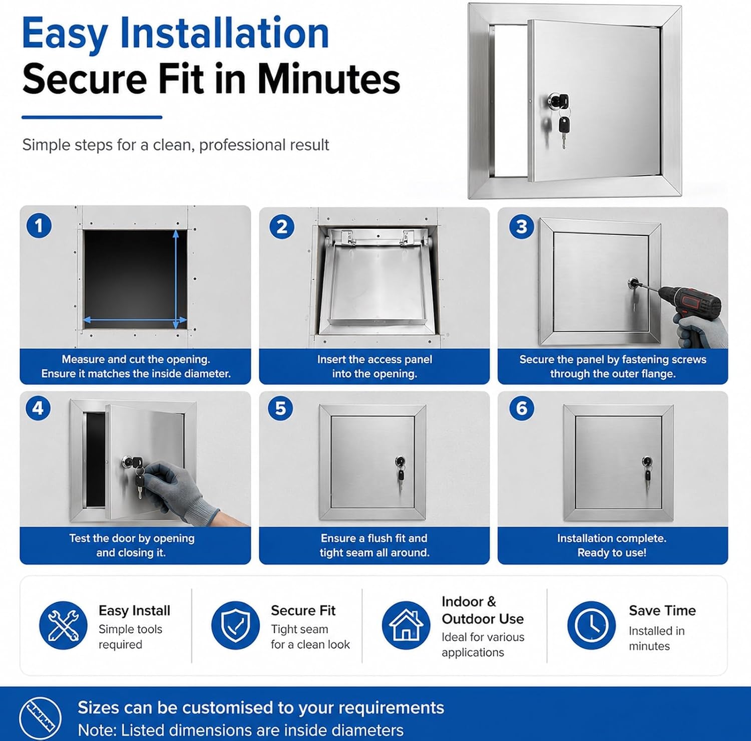 Custom Stainless Steel Access Panel for Drywall - Secure Lock & Key, Adjustable Size, Durable, Easy Installation for Home & Commercial Use