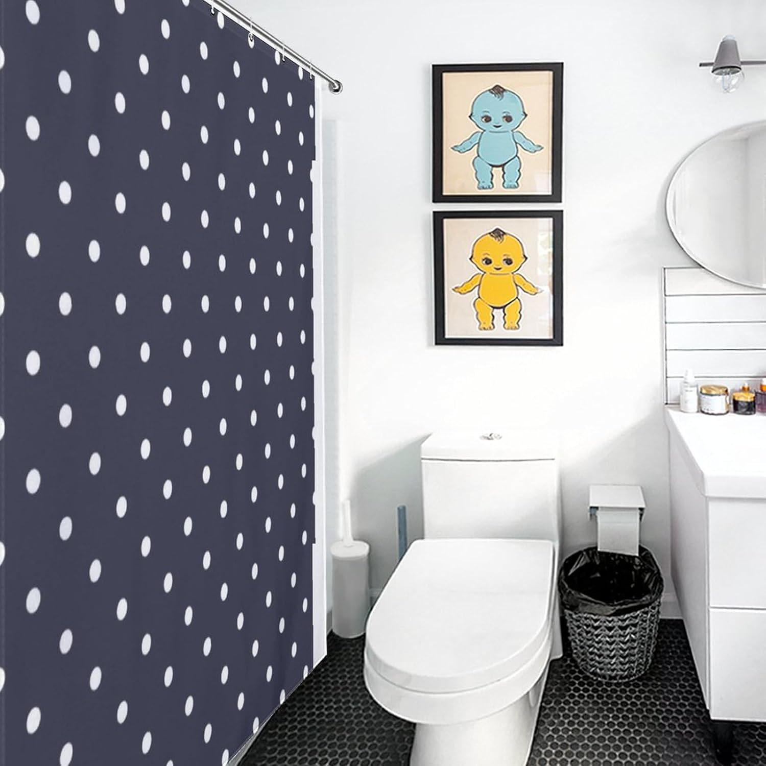 Shower Curtain Liner Set, Polka Dot Navy Blue Waterproof Washable Fabric Shower Curtain for Bathroom Bathtub Decor 72 x 72inch