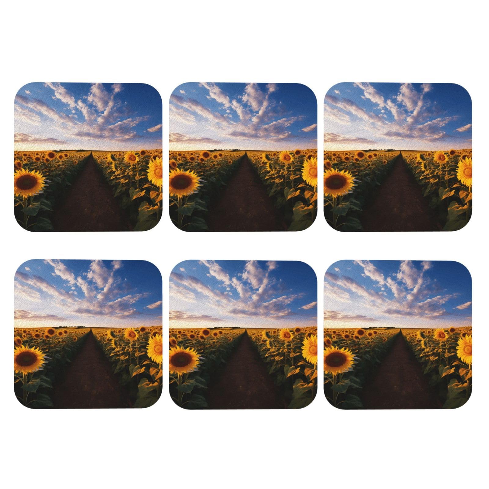 6pcs Leather Coasters for Drinks, Field of Blooming Sunflowers Drink Coasters for Tabletop Protection, 4" Cup Coasters for Coffee Table Decor, Non-Slip Drinking Cup Mat for Hot Or Cold Drink