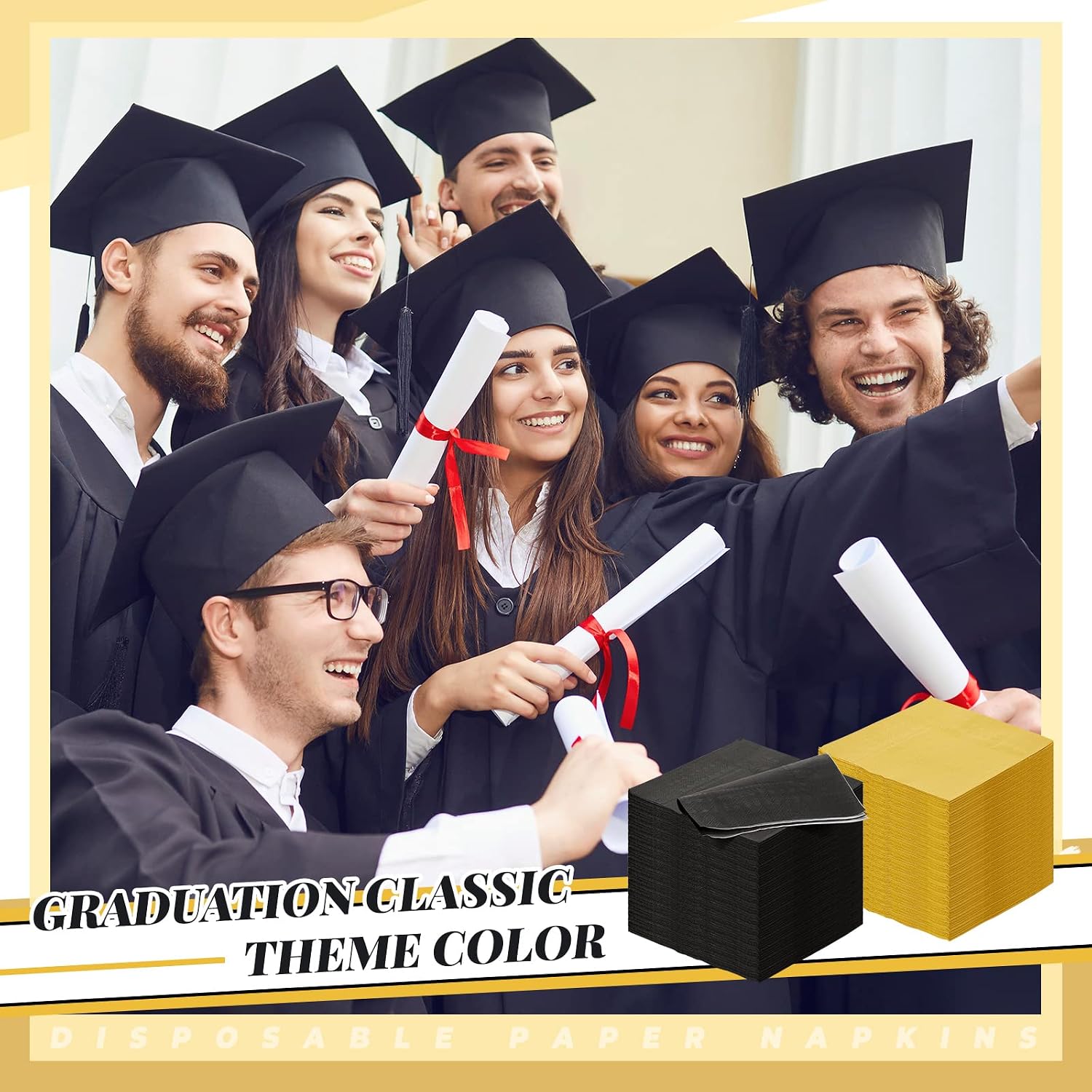 Henoyso 200 Pcs Graduation Cocktail Napkins Gold Disposable Dinner Napkins Bulk Square Paper Beverage Serviette for Graduation Wedding Party Birthday Lunch Drink Coffee Bar (Black, Gold)