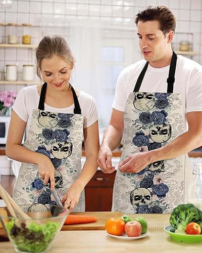 Miniatura 2 de Halloween Bib Aprons with Pockets Waterproof, Adjustable Apron for Men Women Horror Skull Blue Flowers Botanical Black Geometric