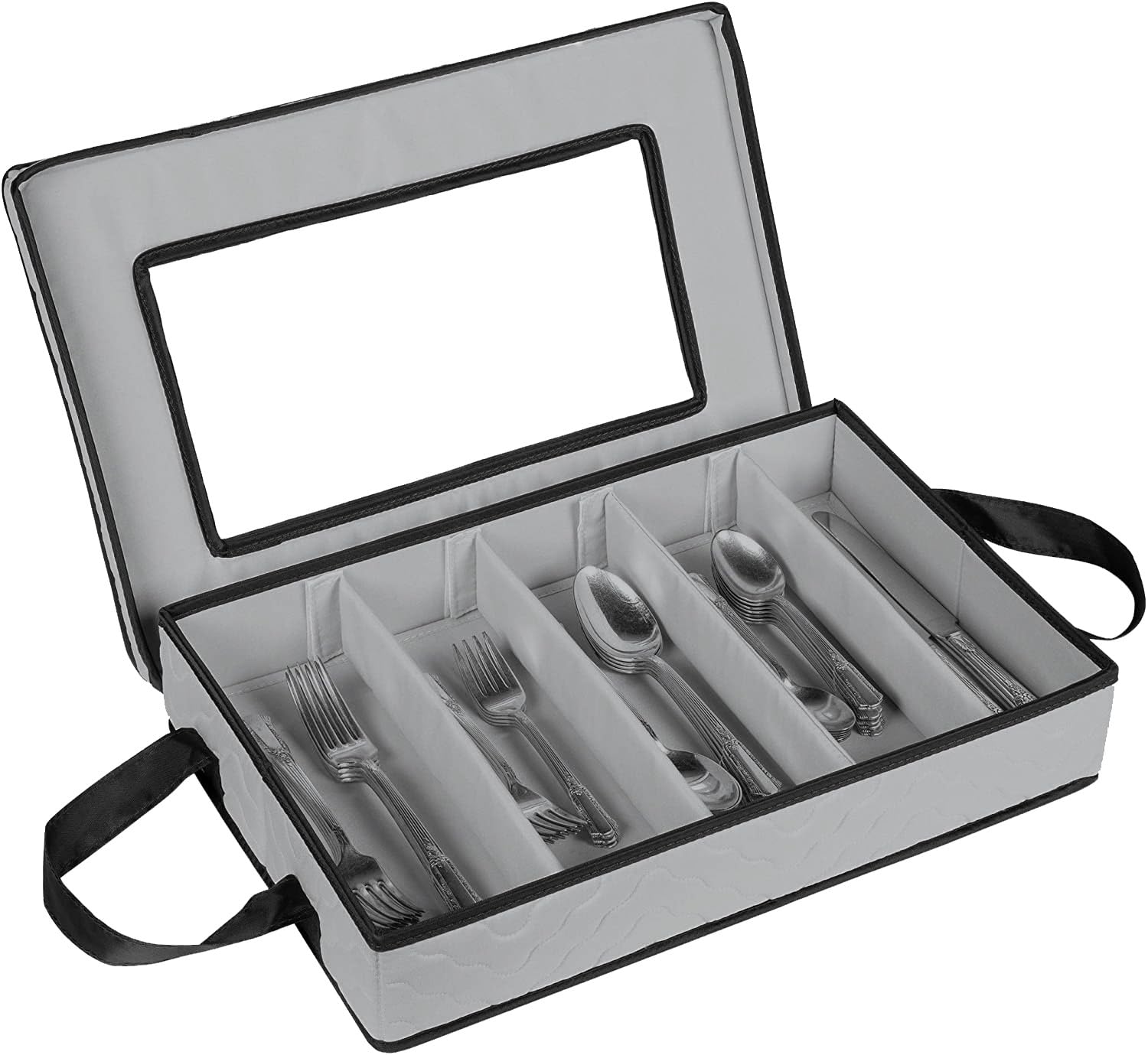 Besteck-Aufbewahrungskoffer – robuste Besteck-Aufbewahrungsbox mit 5 Fächern mit abnehmbarem Deckel und leicht zu tragenden Griffen – große Kapazität hält Ihr Besteck organisiert und geschützt – Grau