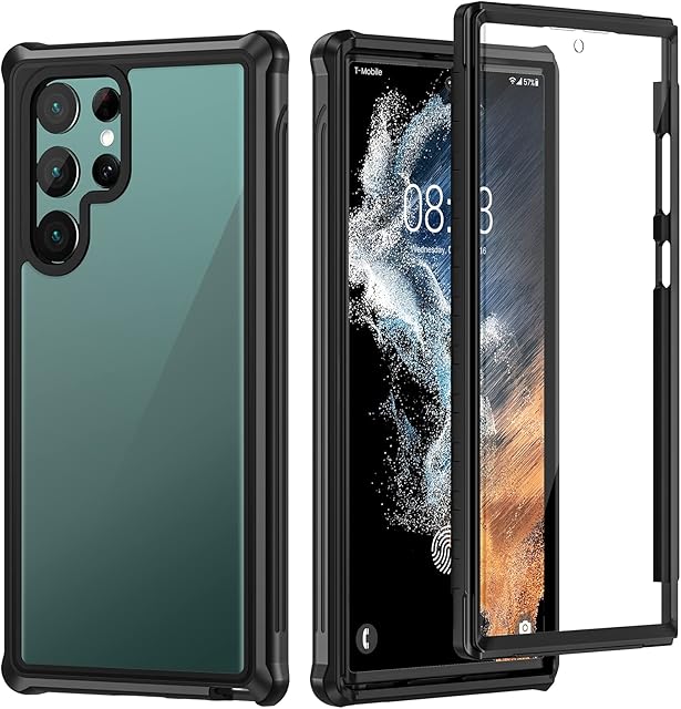 seacosmo Samsung Galaxy S22 Ultra Case 6.8 Inch, [Built-in Screen Protector] Full Body Heavy Duty Shockproof Snowproof Protection Bumper Clear Back Phone Case for S22 Ultra 5G, Black