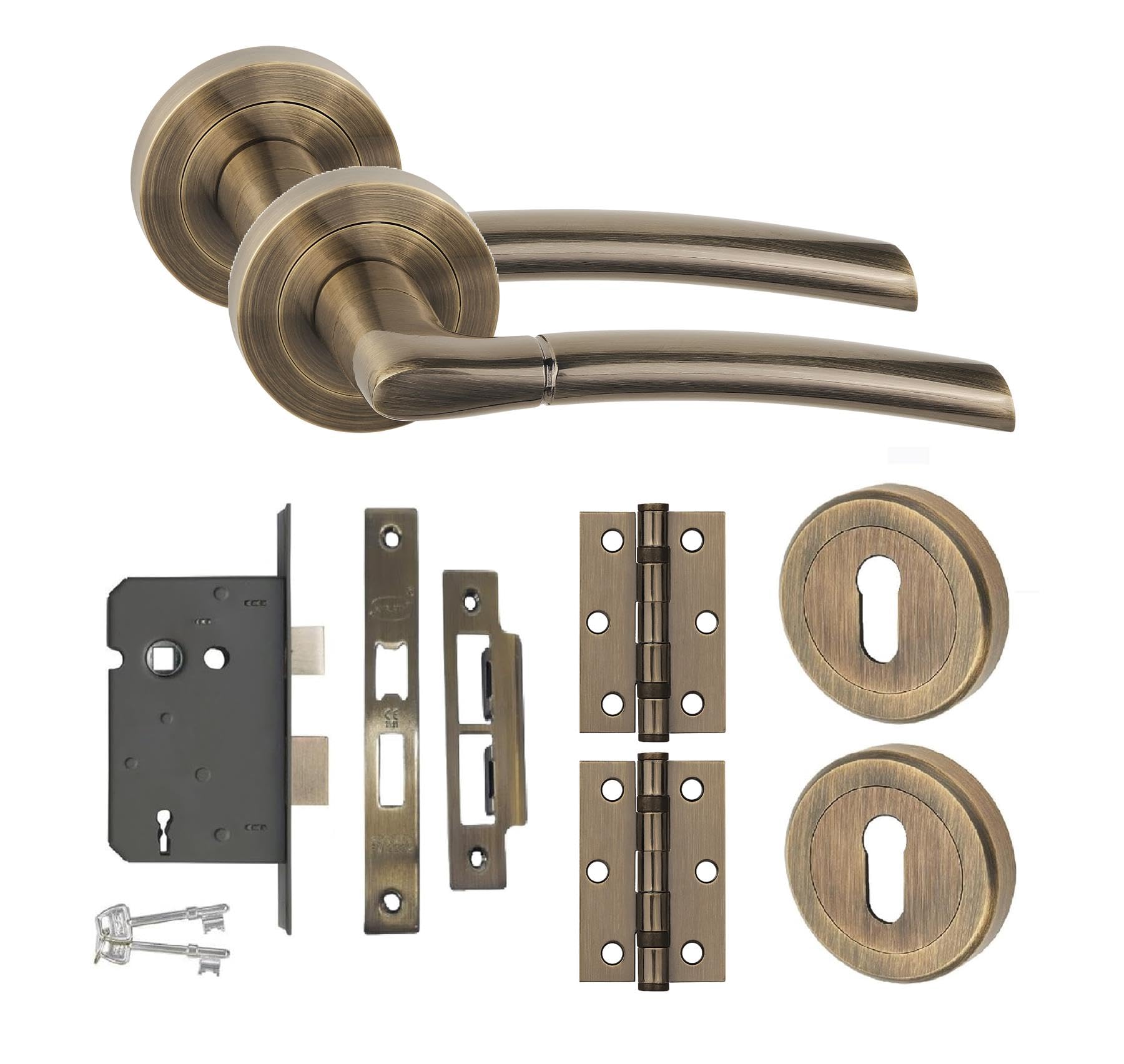Golden Grace Indiana Design Key Lock Door Handle Set Hinges and Mortise Lock Antique Brass