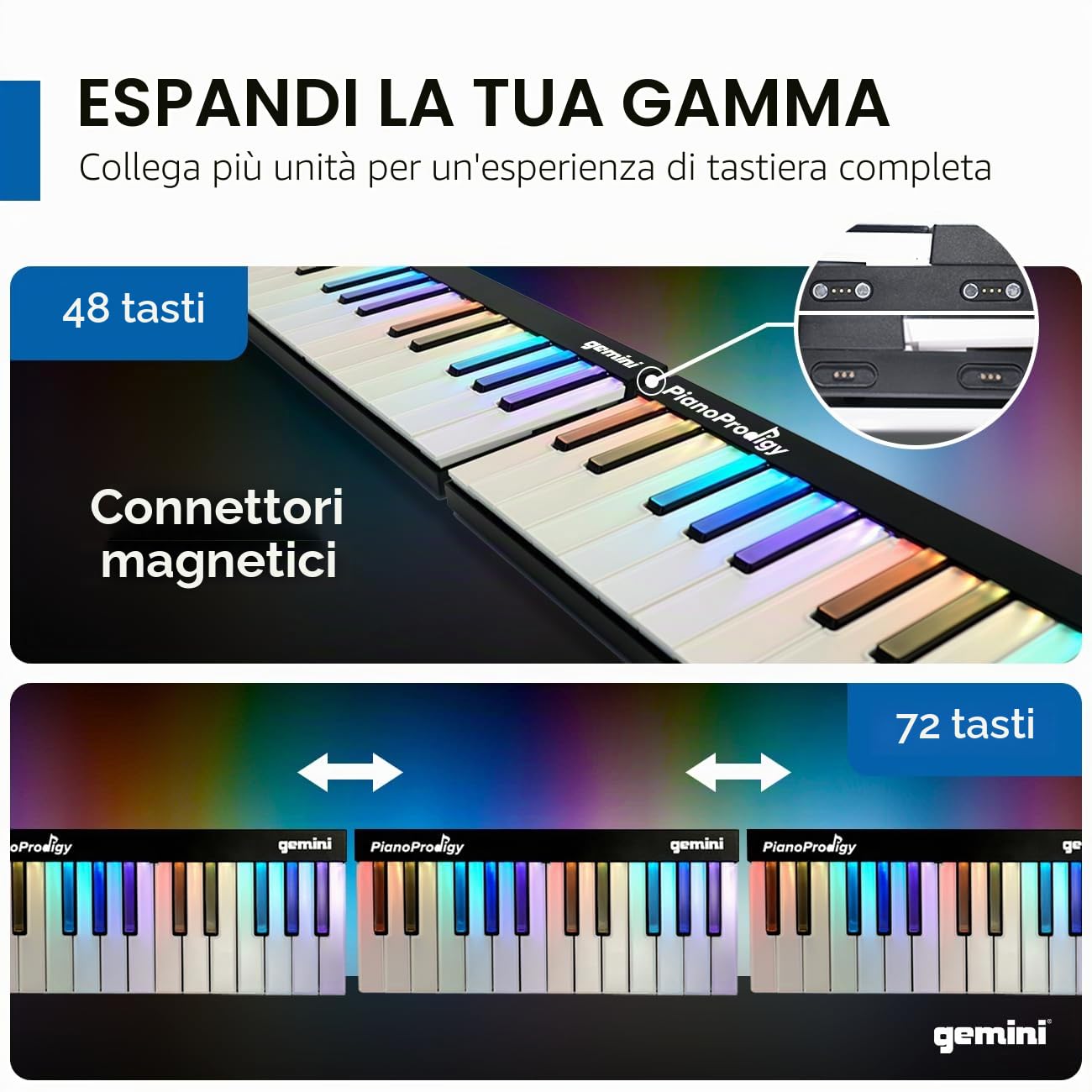 Gemini Sound PianoProdigy: Tastiera MIDI Wireless Illuminata a 24 tasti GPP-101, È Necessario Connettersi al Dispositivo iOS/Android per l'Audio, Espandibile, Bluetooth, Portatile