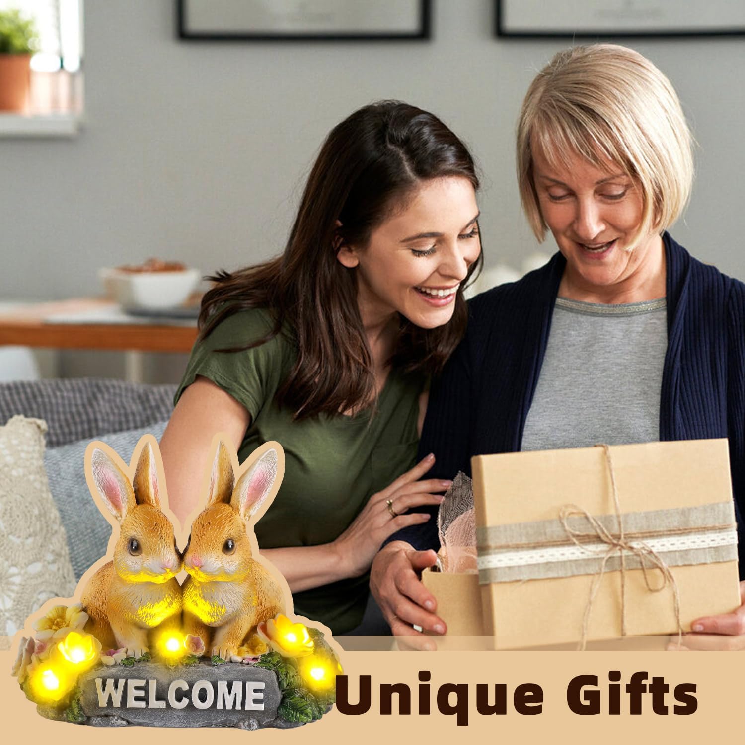Solar Rabbit Garden Statue 5.9" Resin Bunny Statue with Welcome Sign Rabbit Figurines Light Decorations for Patio Yard Lawn Ornaments Easter Housewarming Birthday Gifts for Women Mom Grandma Wife