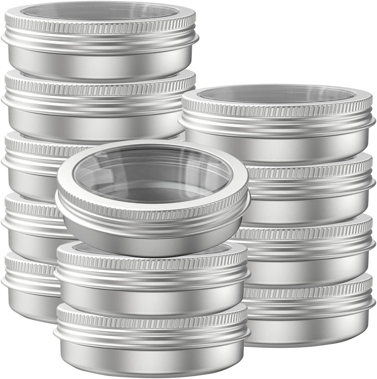 12 Pcs 4 Ounce aluminum Tins Jars Containers Round Clear Top Screw Lids Containers for Cosmetic, Salves, Balms, Lip Balm, Spices or Others, Silver
