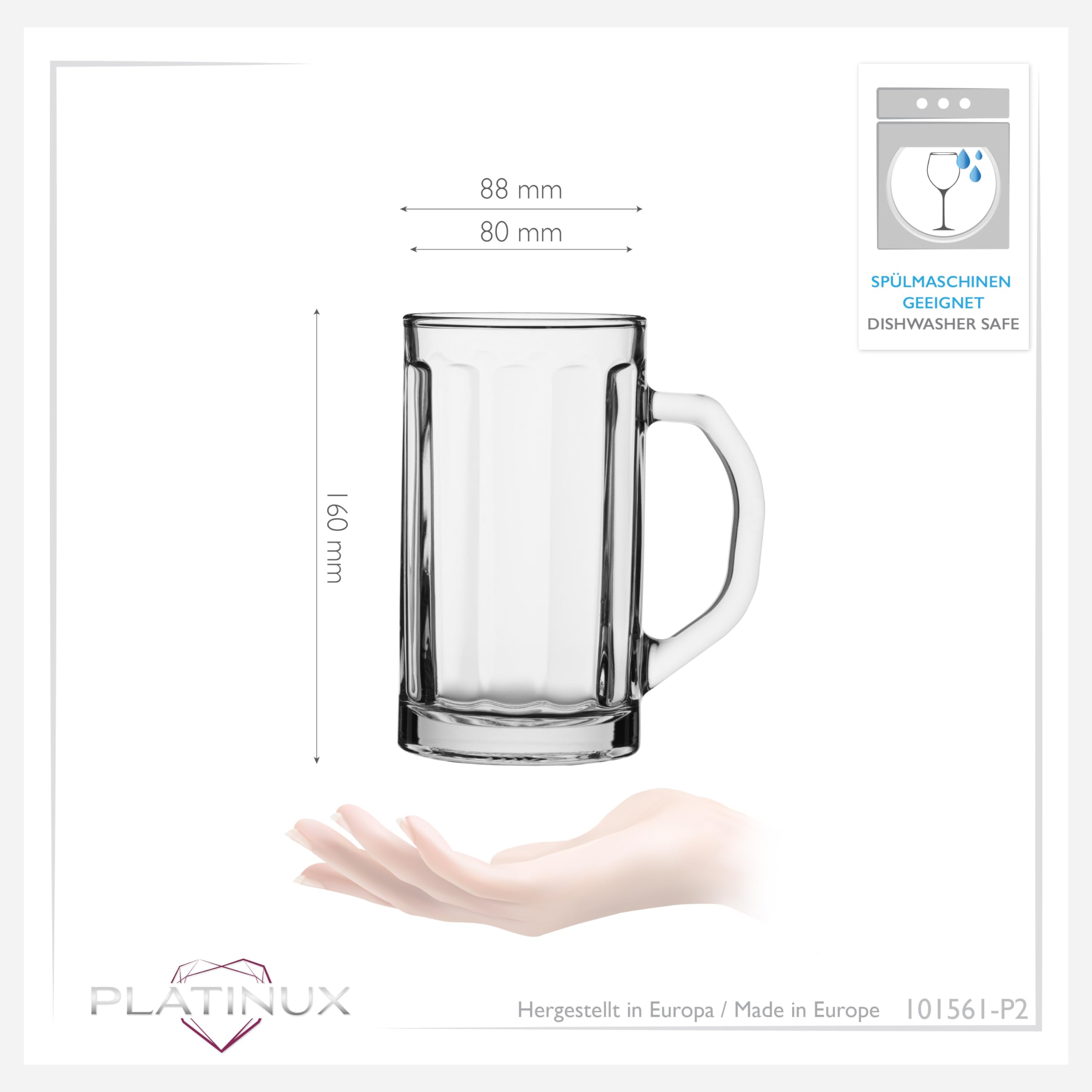 PLATINUX Zestaw 2-częściowy kufel do piwa z uchwytem ze szkła, 500 ml (maks. 650 ml), kufel do piwa o pojemności 0,6 l