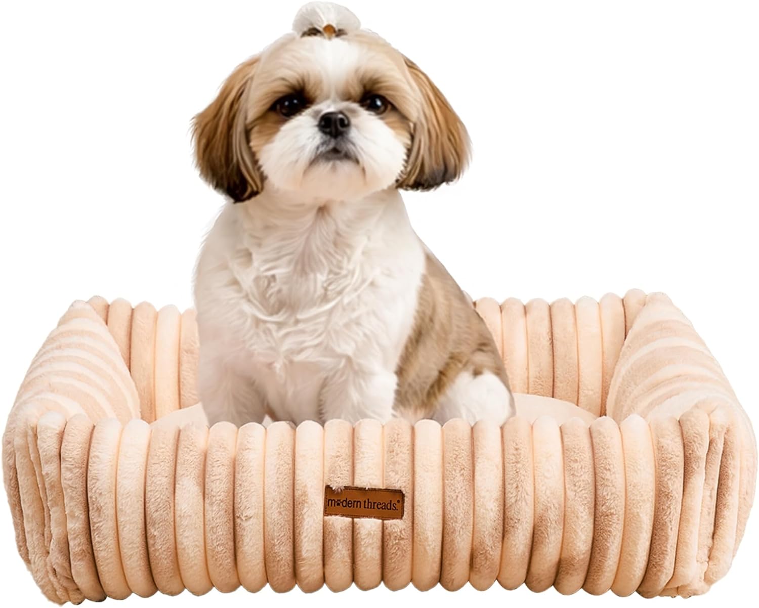 Modern Threads Ribbed Plush Two-Tone Cuddler Dog Bed, Ultra-Soft Faux Rabbit Fur, Supportive Bolstered Sides, Removable Washable Cover, Bed for Small to Medium Dogs, Cream, (24" L x 20" W x 8" Th)