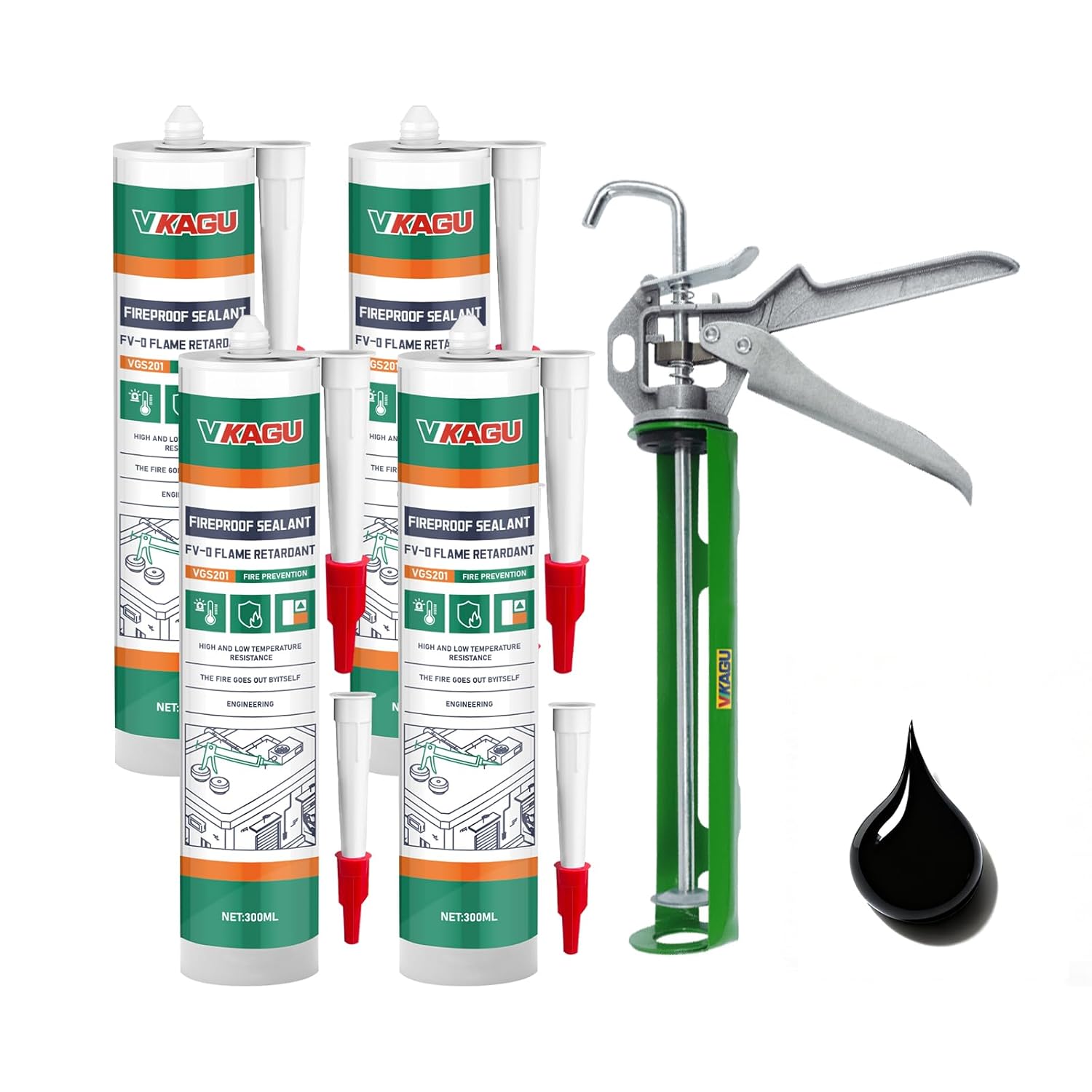 VGS201 High Temperature Sealant Caulk, Black Color Fireplace Sealant Fireproof Caulk, 10.15 Fl Oz, 4Pcs Fast-Drying Formula, Suitable for Ovens, Stoves, and Chimneys