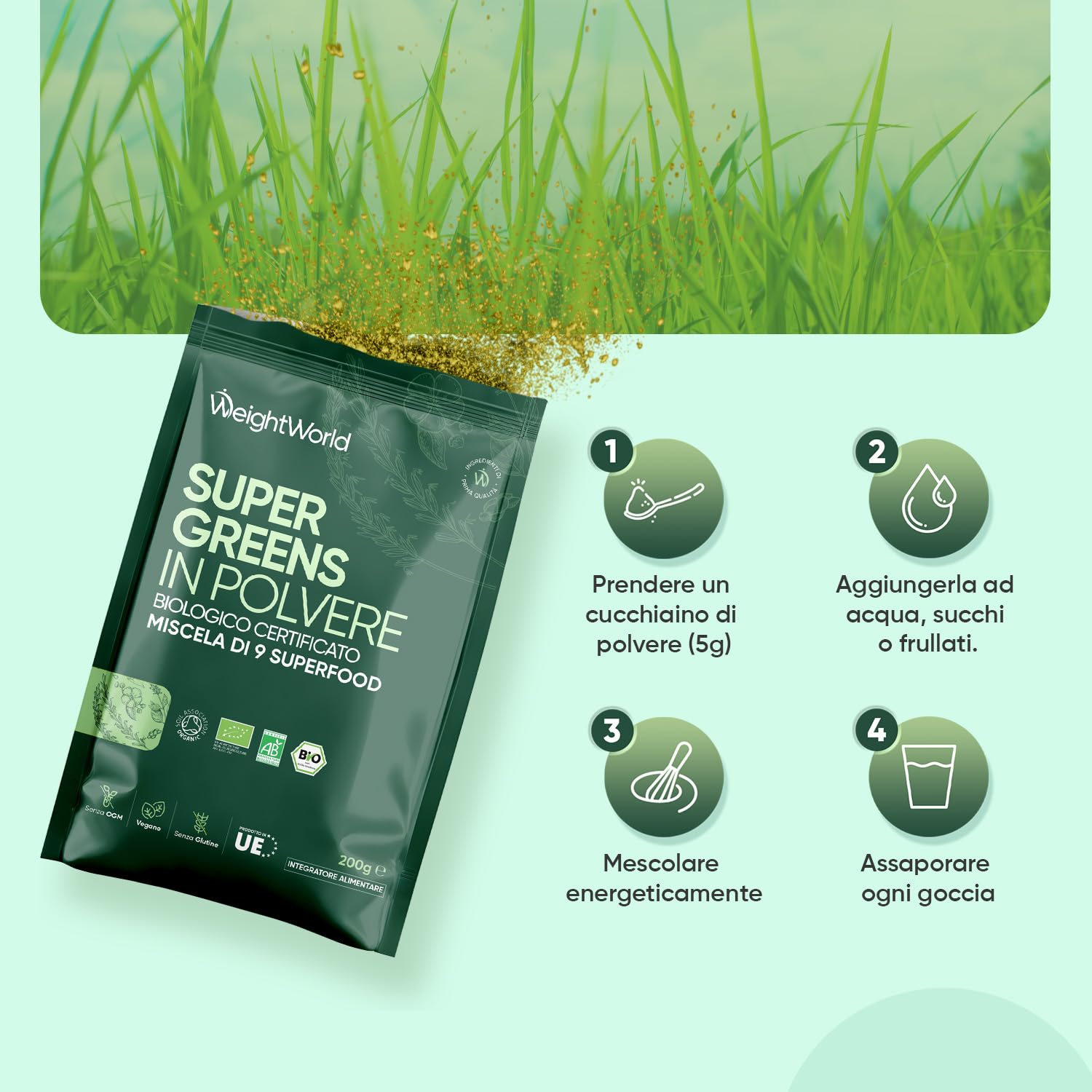 Super Greens in Polvere Bio Vegana (1+ Mese di Scorta), 9 Superfood, Maca, Semi di Lino, Baobab, Clorella, Erba di Grano, Erba d'Orzo, Acai, Matcha, Guarana, Mix di Superalimenti 200g, Senza Glutine