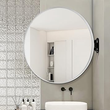 Bathroom Corner Round Wall Mirror with Swinging Articulating Arm and Metal Frame, Rotating Mirror, Hanging Mirror for Living Room Modern, Vertical & HorizontalSilver,80x80cm/31.5x31.5in