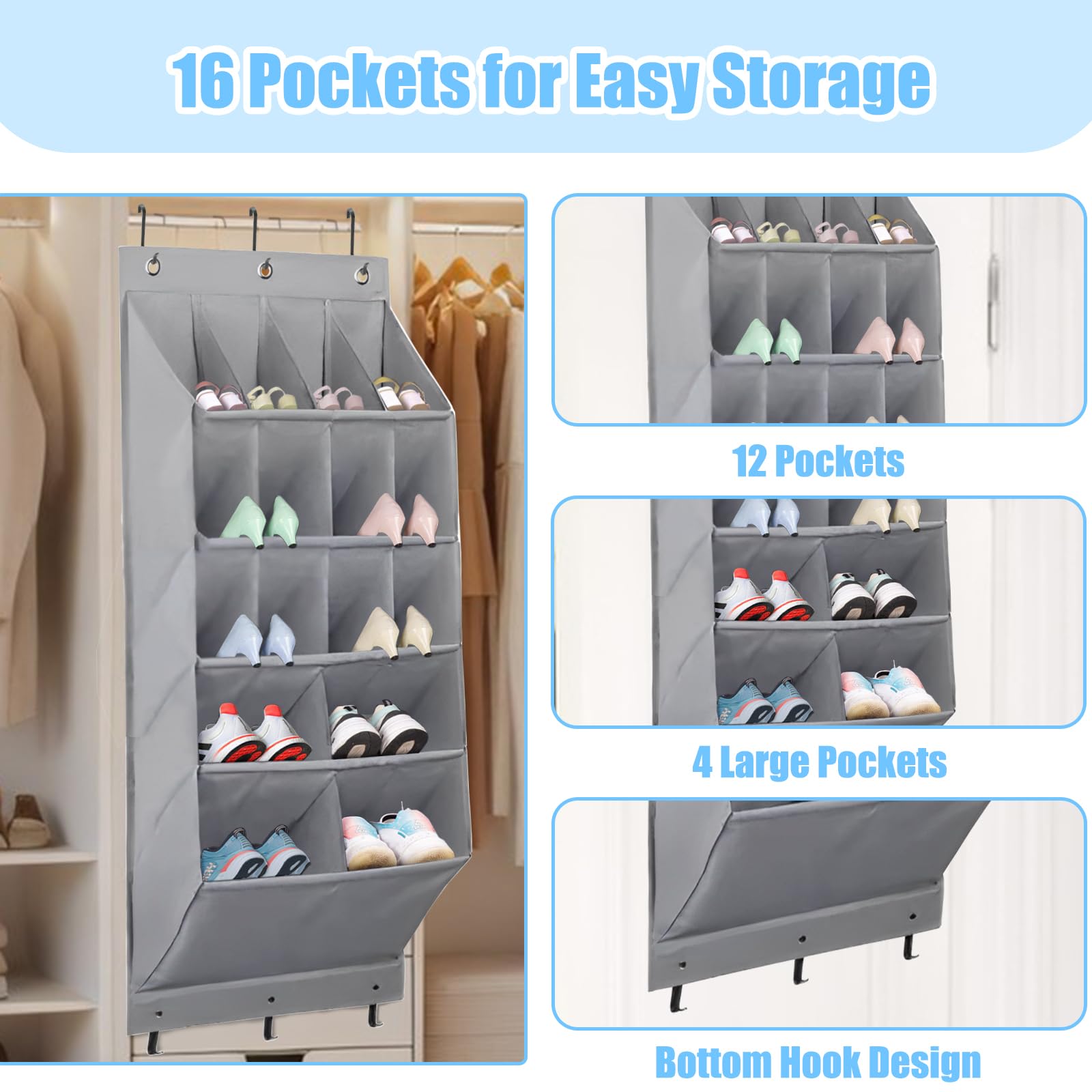 1 confezione organizer per scarpe da appendere sopra la porta scarpiera con 16 tasche portascarpe per armadio e dormitorio, organizer per scarpe (grigio)