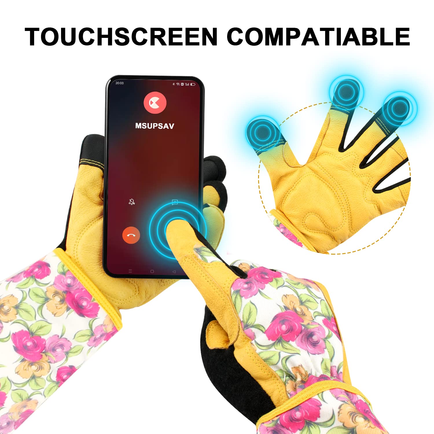 Guanti da giardinaggio in vera pelle | Guanti da giardinaggio resistenti alle spine | Guanti lunghi con touch screen (taglia L, rosa)