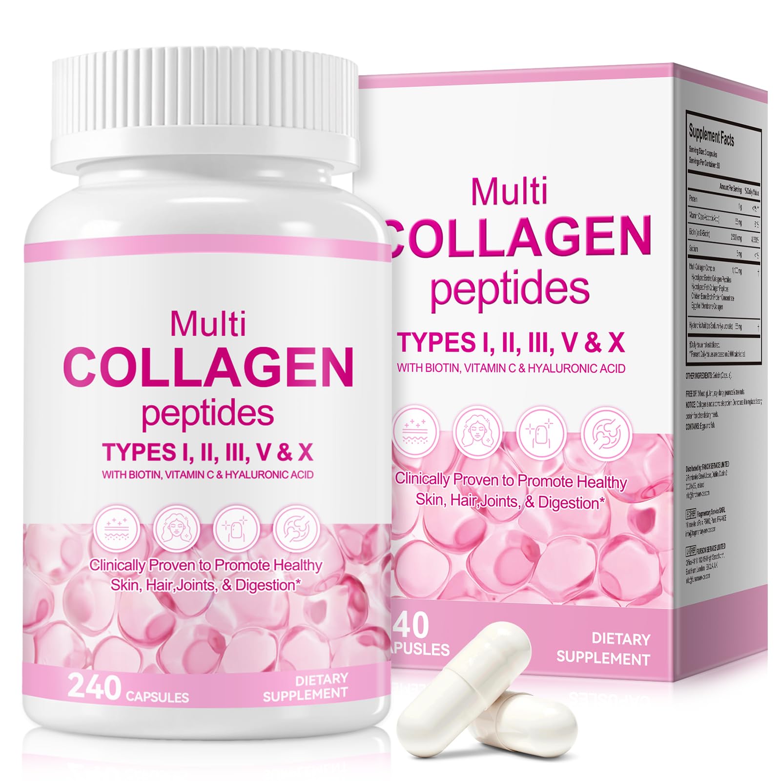 Multi Collagen Peptides Capsules 240Pcs Type I II V X for Healthy Skin Bone Joint Hair Nail Hydrolyzed
