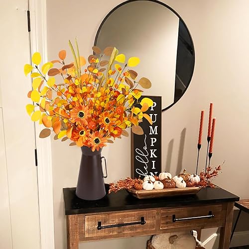 Miniatura 7 de Agusbagli Flores artificiales de otoño con maceta de metal, arreglo de calabaza de otoño de 22.5 pulgadas con hojas de eucalipto, plantas de otoño