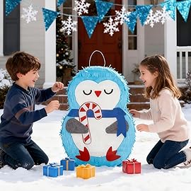 Birchio Cute Penguin Pinatas Bundle with a Blindfold and Bat (Small Size 16.5x12x4 Inches), Perfect for Winter boys and girls Birthday Party Supplies, Christmas Party Decoration Games for Kids Party