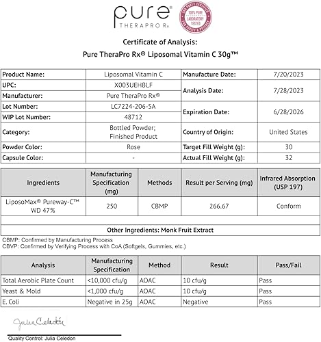 Miniatura 7 de Pure Therapro Rx Polvo de vitamina C 100% liposomal, suplemento vegano patentado de vitamina C PureWay, apoya el envejecimiento saludable, la