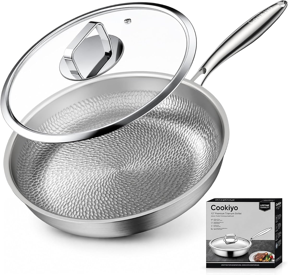 12" Titanium Pans for Cooking with Lid Hammered Chef-Grade Skillet | No Coating & PFAS-Free Healthy Cookware, Durable Non-Toxic Pan, Induction Compatible, Dishwasher & Oven Safe