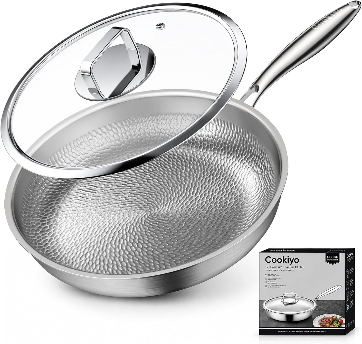 12" Titanium Pans for Cooking with Lid Hammered Chef-Grade Skillet | No Coating & PFAS-Free Healthy Cookware, Durable Non-Toxic Pan, Induction Compatible, Dishwasher & Oven Safe