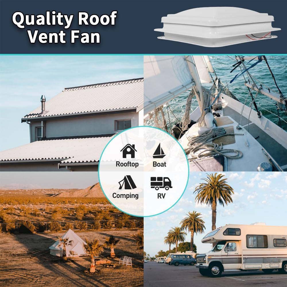 14" RV Roof Vent with 12V RV Vent Fan & 6" Fan Blades White Lid Roof Vent for Trailer Camper Caravans Universal
