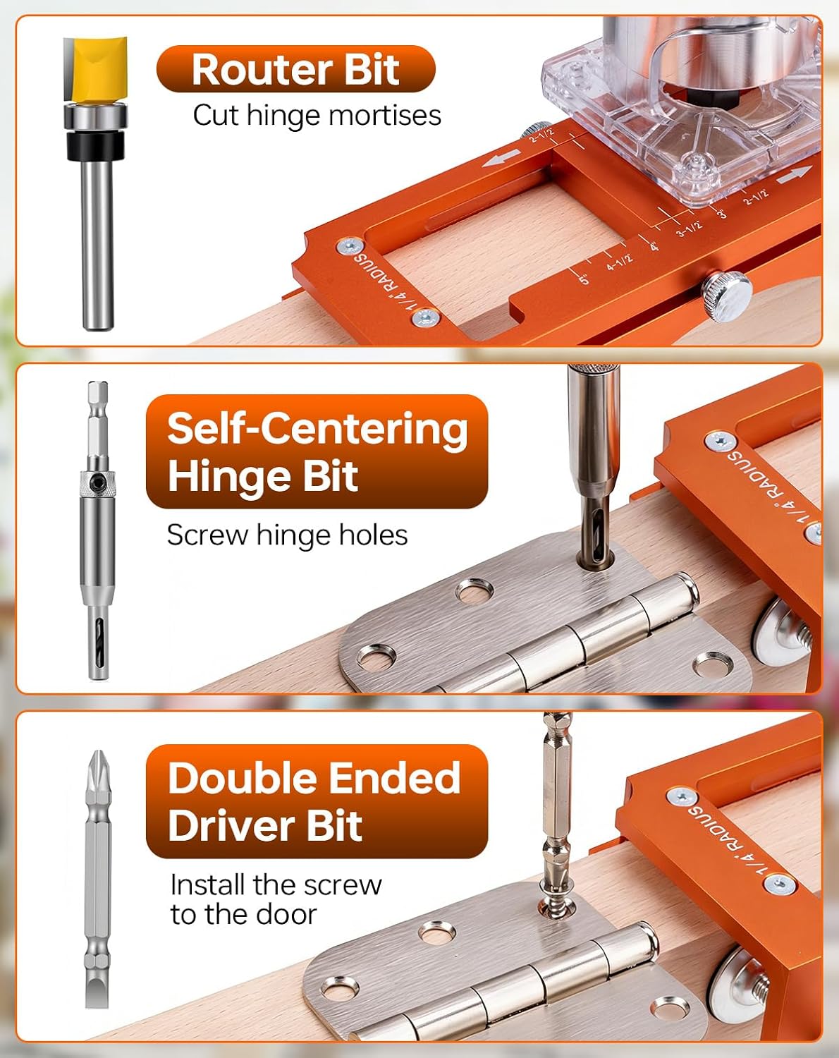 Door Hinge Jig & Installation Tool, Anodized Aluminum Router Template for 3” to 5” Hinges (1/4” & 5/8” Radius) - Complete Door Knob & Deadbolt Mortise Drilling Guide Tool Set