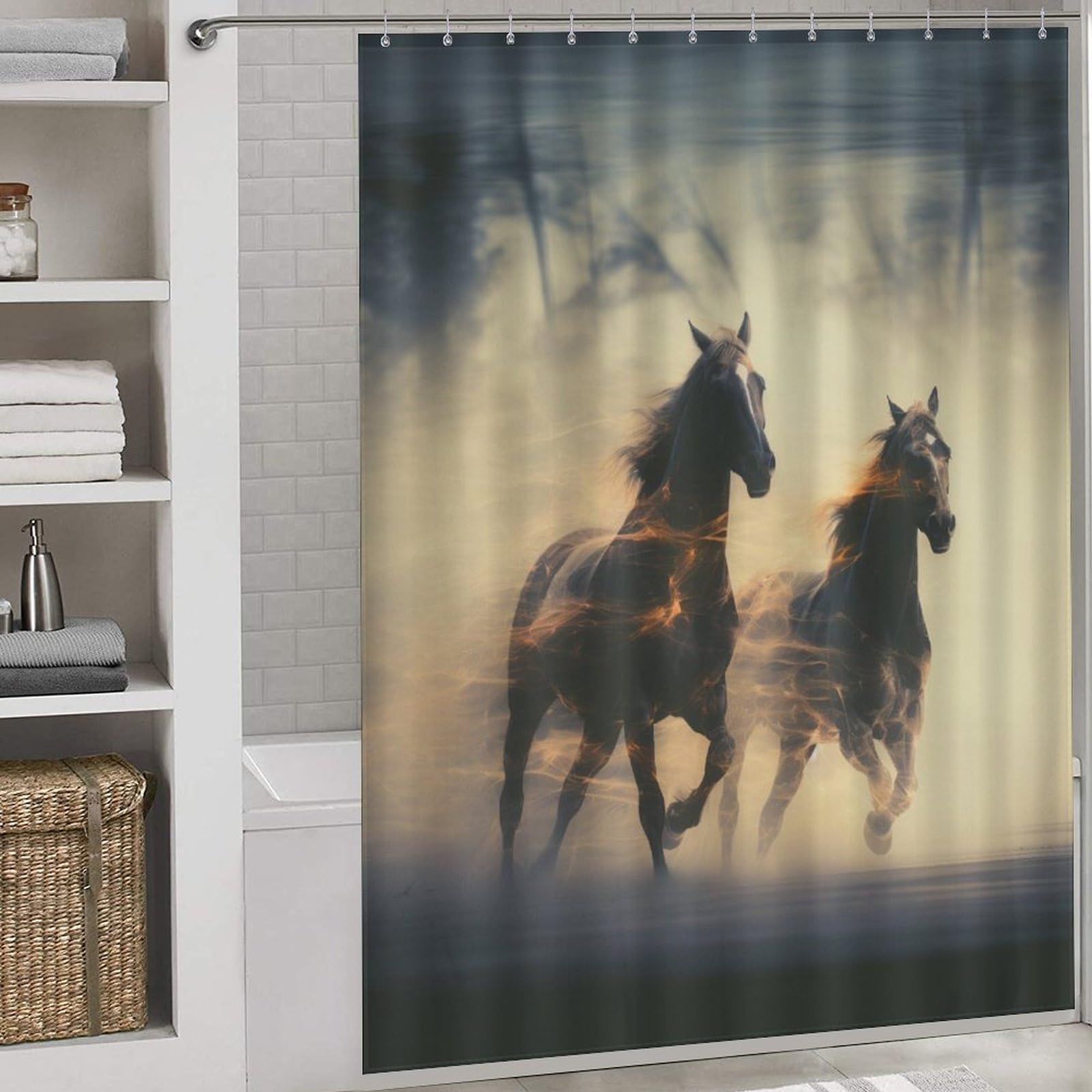 Rideau de douche cheval imperméable et lavable en tissu polyester pour baignoire 168x183cm