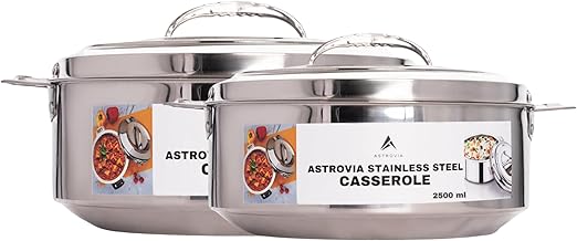 ASTROVIA Stainless Steel Casserole Insulated 2500ml & 3000ml | Double Wall Hot Pot with Lid | Roti Storage Box | Steel Food Container | Keeps Food Fresh & Warm | Ideal for Indian Kitchen Combo