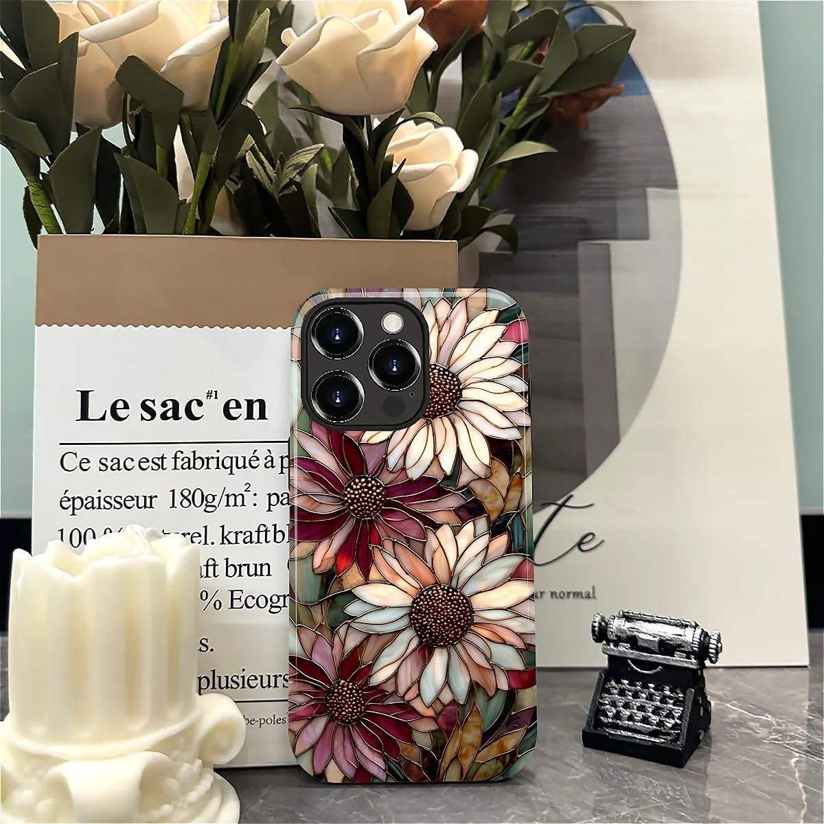 Compatible with iPhone 15 Pro Max Case - Dual-Layer Protection, Hard Shell with Silicone Interior,Slim Scratch Resistant Shockproof for Woman Men - Vintage Floral Sunflower Mosaic image 5