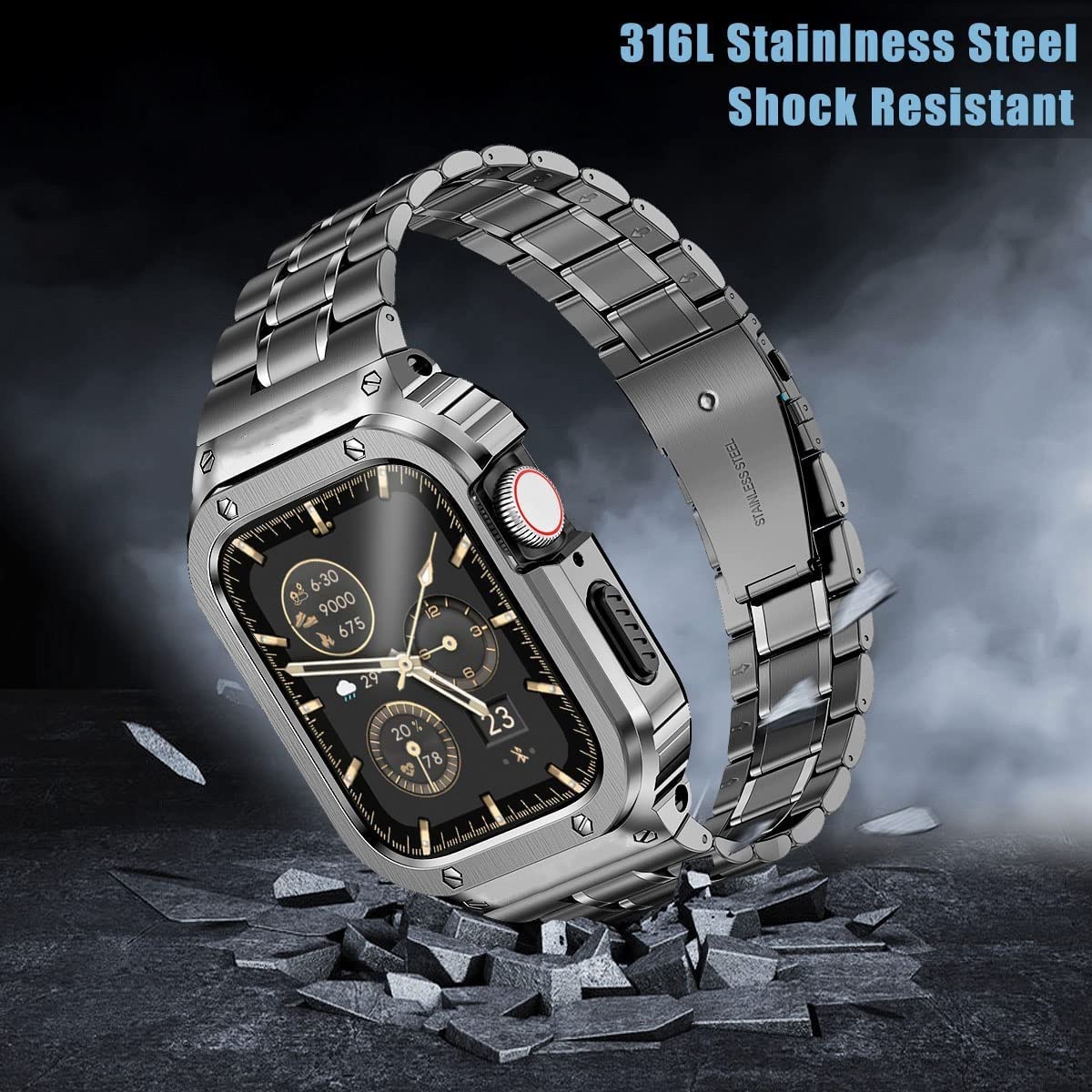 MioHHR Stainless Steel Watch Band with Case Compatible for Apple Watch Bands 42/44 mm,Rugged Strap with Metal Protective Bumper Cover for iWatch Series 6/5/4/SE/3/2/1 for Men(Space Grey) - Image 2
