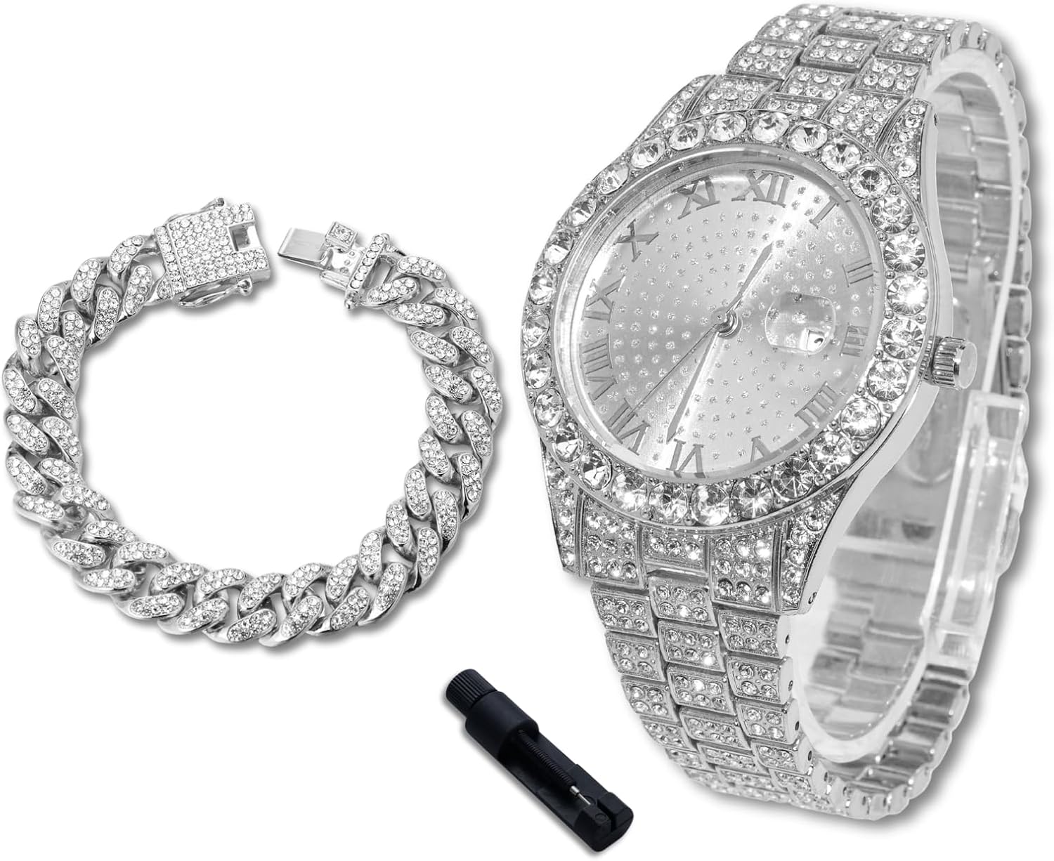 Luxury Diamond Watch for Kids Teen - Iced Out Bling 18K Real Gold/Platinum Plated - 43mm Round Dial Strap 8" - Adjuster Tool Included - Optional with Cuban Chain