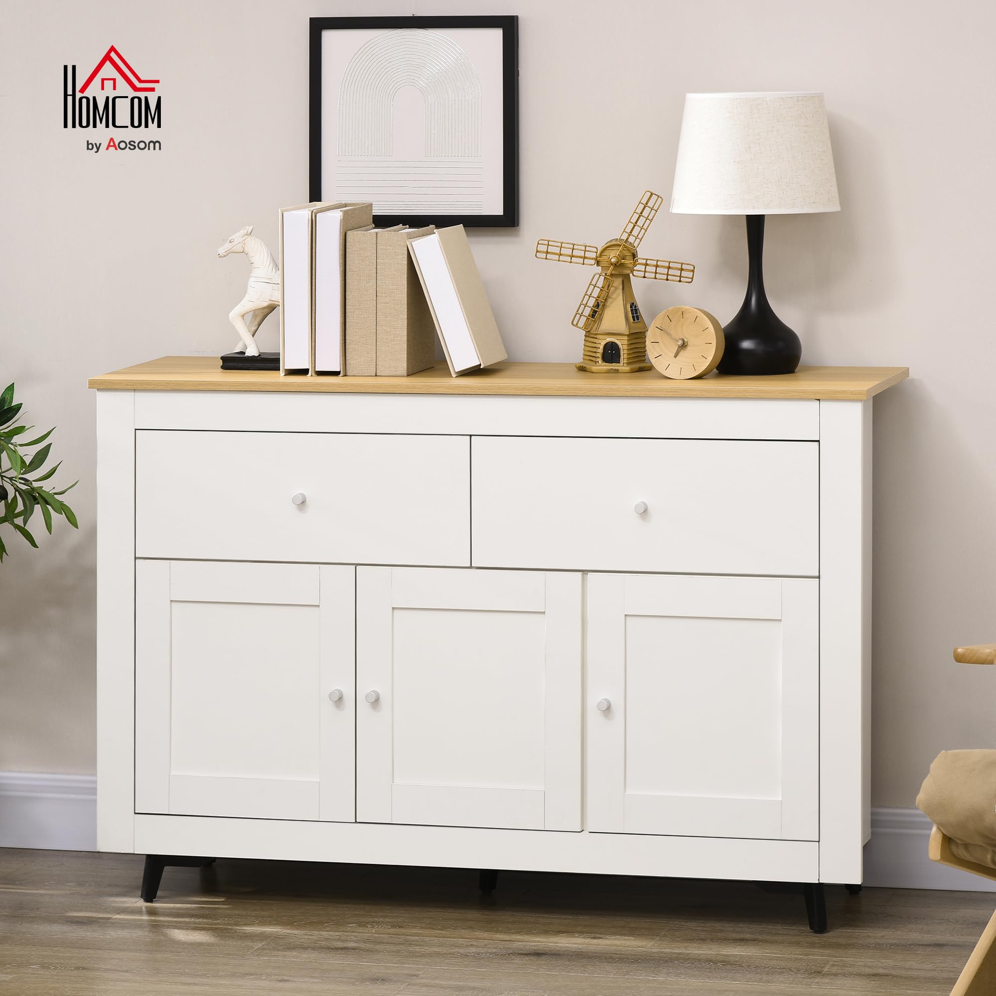 HOMCOM Buffet Cuisine avec 2 Tiroirs et 3 Portes 117 x 35 x 80 cm Blanc