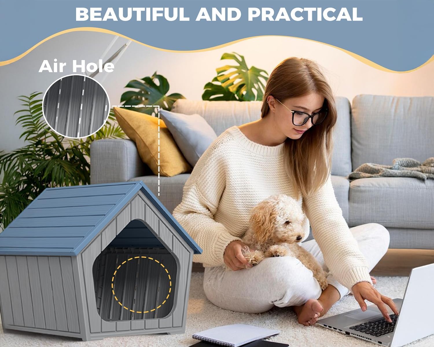 Dog House Indoor Outdoor, Resin Weatherproof Dog House for Dogs and Cats, Durable Outside Doghouse with Air Vents, Easy Clean and Assemble (Blue-1, 23.43 * 22.64 * 22.8 INCH)