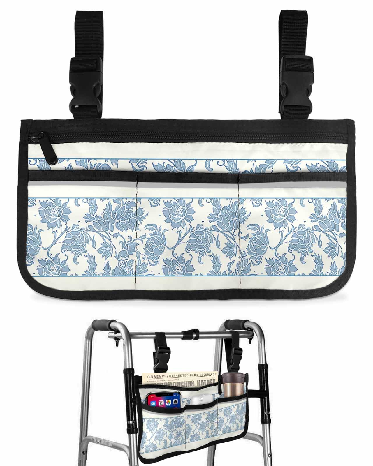 Anzona Blue Floral Wheelchair Side Bag Walker Bag, Farmhouse Native Flowers Vintage Wheelchair Accessories Armrest Pouch, Organizer Storage Bag for Walkers, Rollators, Scooters, 7.3''x13''