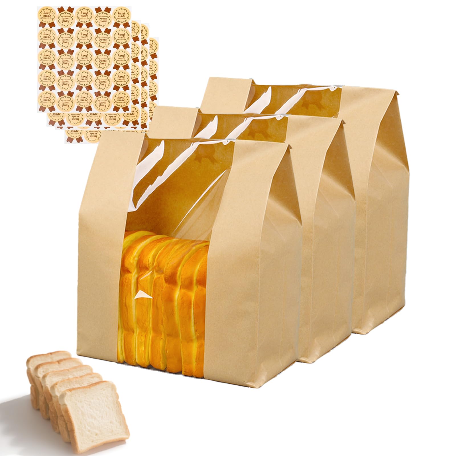 Hniuyun 13.7In-100P 100 Pcs Kraft Paper Bread Bags With Window For Homemade Sourdough, Cookies & Snacks - Bakery Storage (35X21x9cm) Includes 100 Stickers