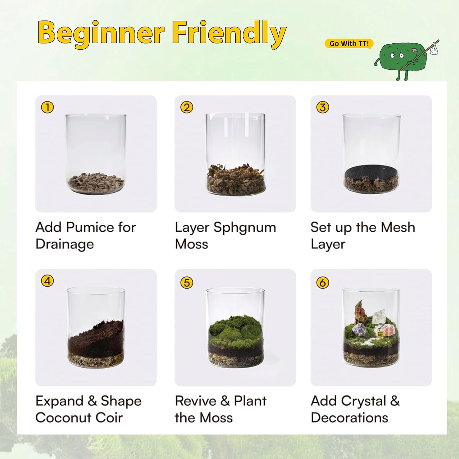 DIY Crystal Terrarium Kit– All-In-One Starter Kit with Preserved Moss, Pumice, Crystals, Coconut Coir, Gardening Tools & Decor | Healing Gift for relaxing | Plants & Crystal Lovers | Home & Desk Decor