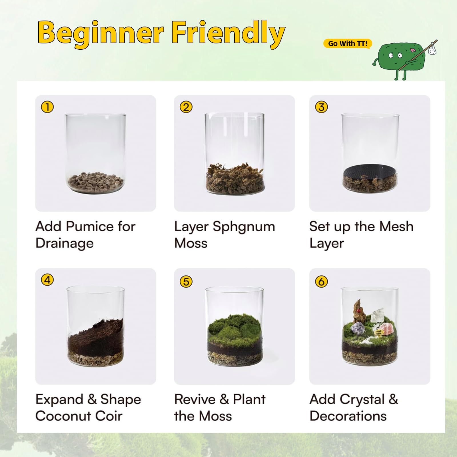 Kit de terrario de cristal para hacer tú mismo - Kit de inicio todo en uno de 21 piezas con musgo preservado, piedra pómez, cristales, fibra de coco, herramientas y decoración | Regalo curativo para