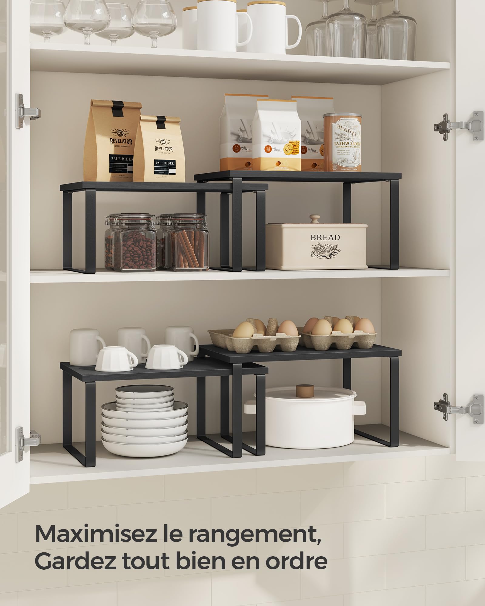 SONGMICS Lot De 2 Étagères à Épices Extensibles - Organisateur Placard Cuisine, Métal Et Bois, Noir Et Beige
