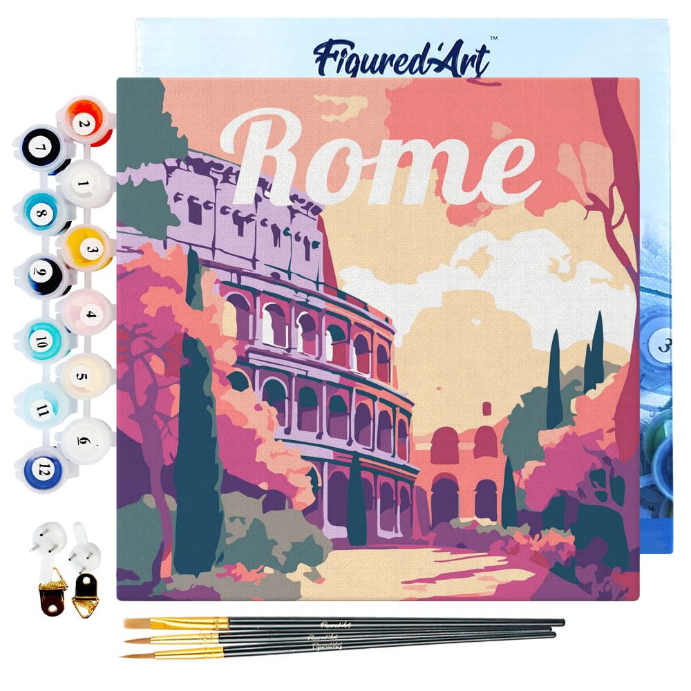 Figured'Art Mini Paint by Numbers Kit for Adults with Frame Travel Poster Rome Small Format 20x20cm - Craft Art Painting DIY Canvas Already Stretched on a Wooden Frame