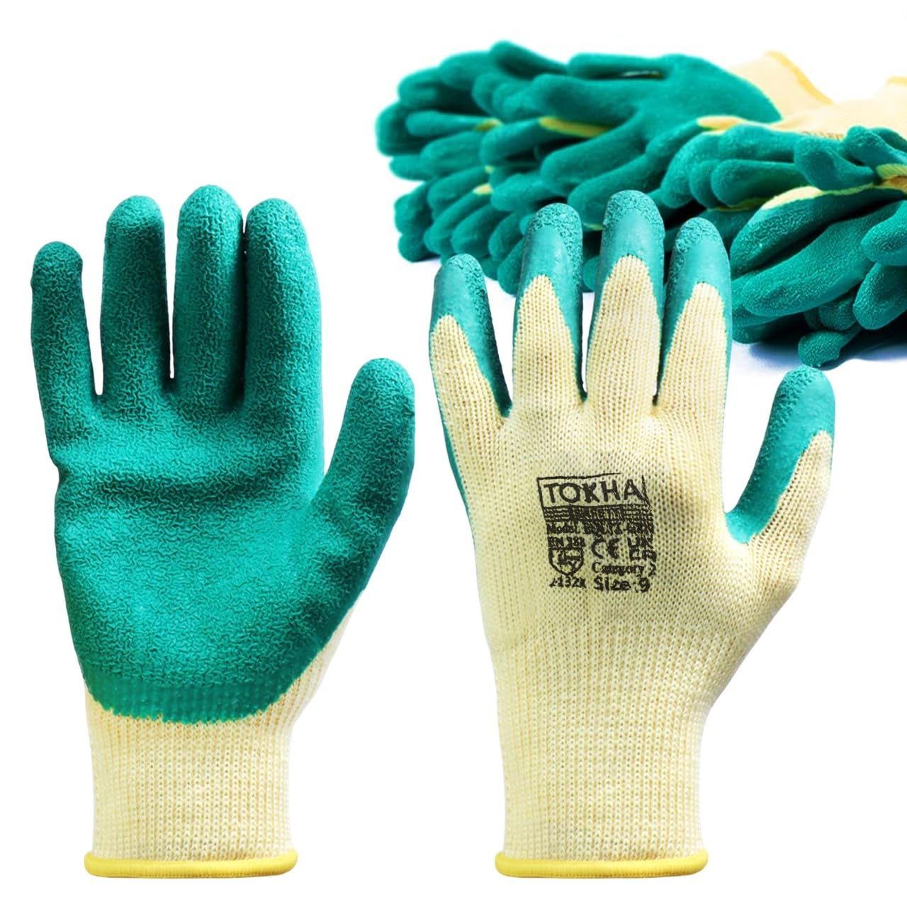 24 Pairs of Rubber Latex Coated Work Gloves for Men - Ideal for Safety, Builders, and Gardening (Green, 2-XLarge)