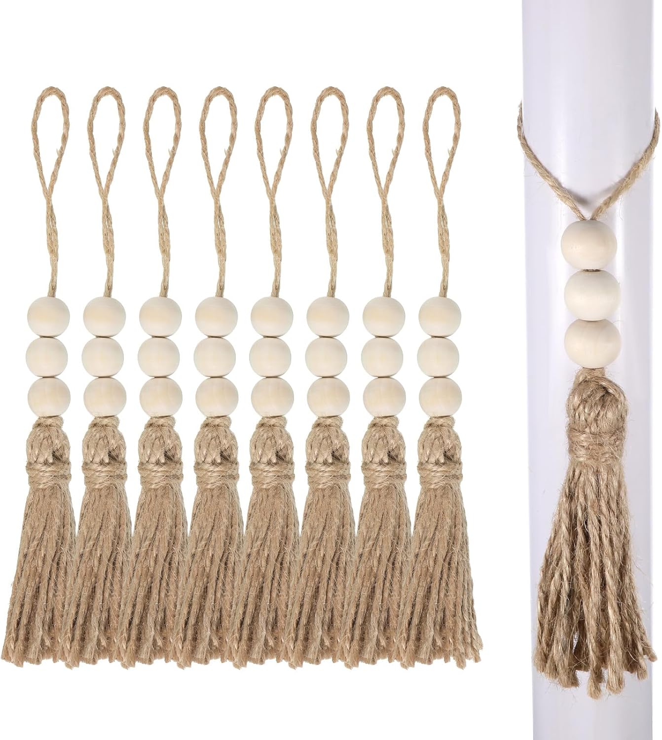 20 Pcs Jute Rope Tassel with 3 Wood Beads Rope Burlap Tassels Jute Tassels for Crafts Small Tassel Bulk for Christmas Tree DIY Craft Wood Beads Garland Project Wedding Home Party Decorations