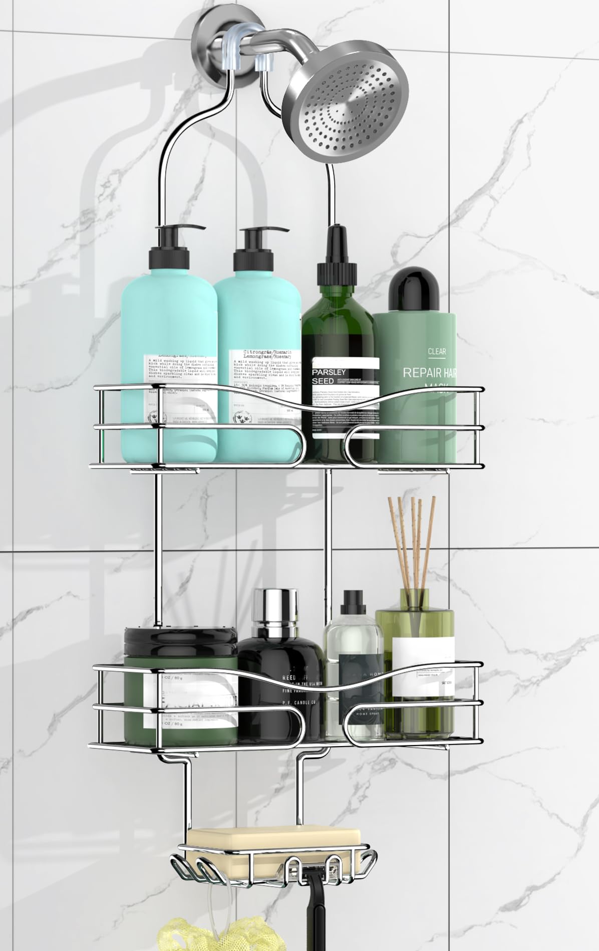 Photo 1 of ***DAMAGED*** DAOYA Shower Caddy - Organizer with 6 Hooks, Soap Basket & Self-Adhesive Pad, Silver