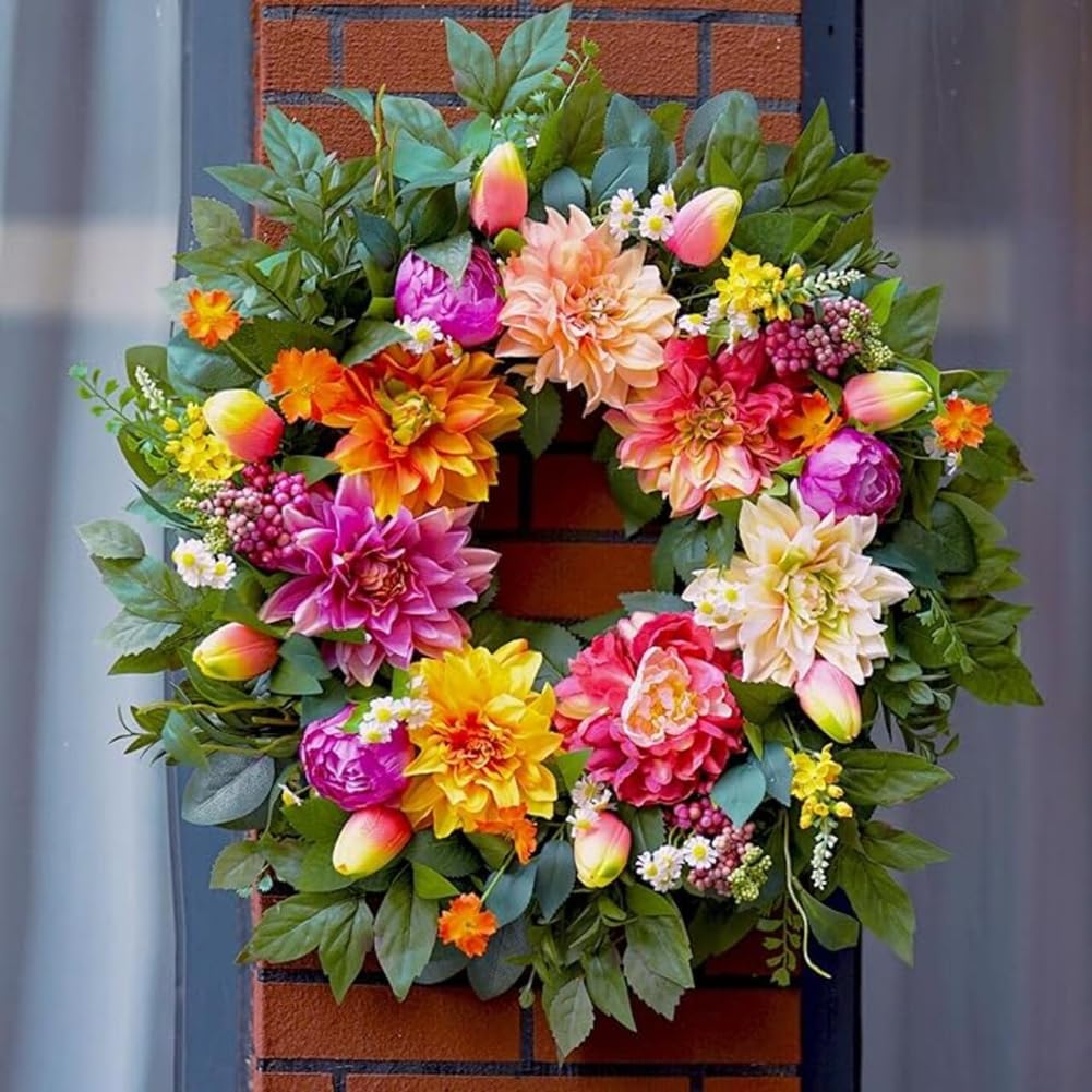 Ghirlanda di dalie in seta, 25 cm, resistente allo sbiadimento, decorazione per la casa | Intricate venature delle foglie, bordi realistici, profondità visiva, finitura naturale, accento domestico