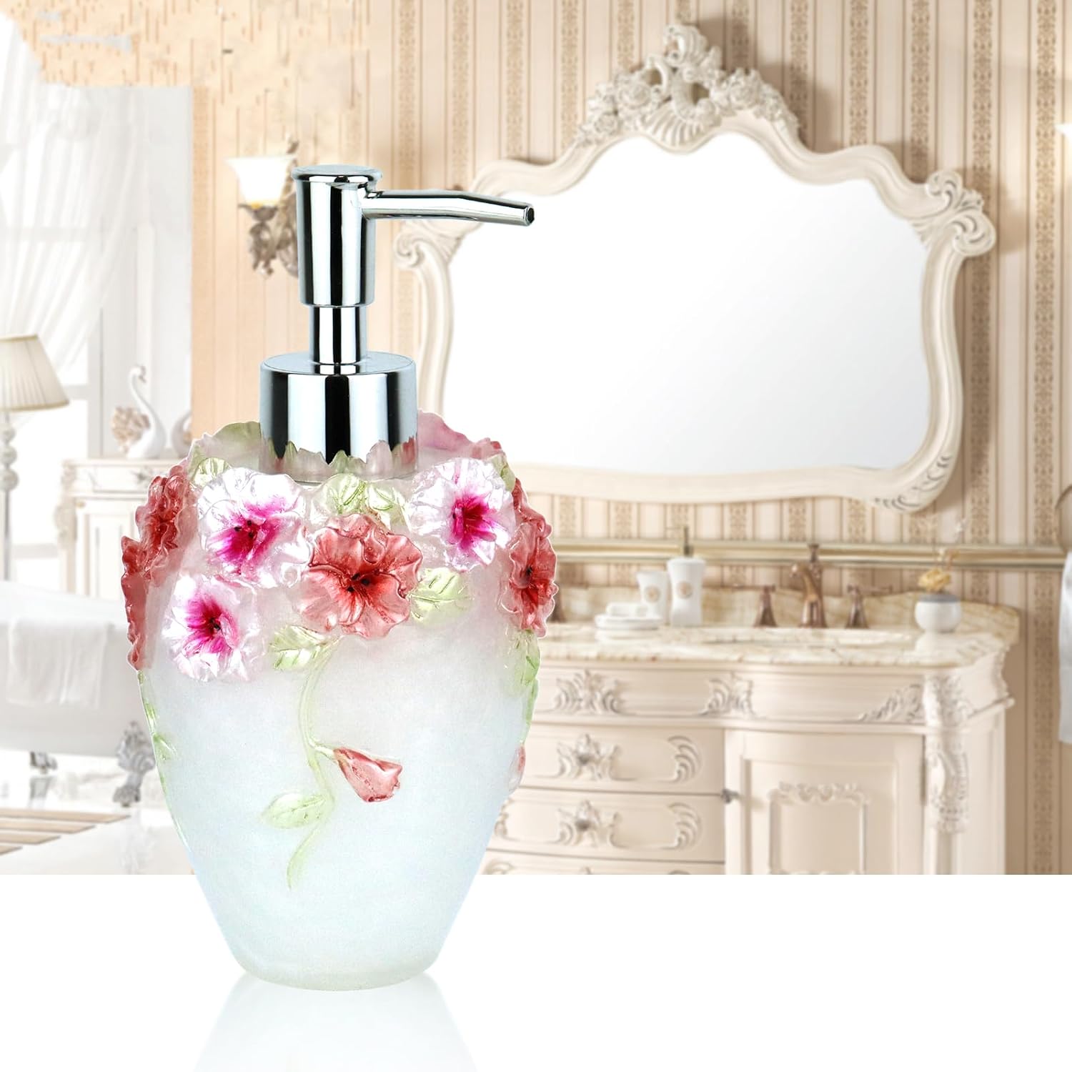 JYXR HOME&LIVING Flower Lotion Soap Dispenser, Translucent Vintage Soap Dispenser with Luxury Decorative - Resin - Observable Residual Liquid Volume (10 oz/300 ml, Ivory)